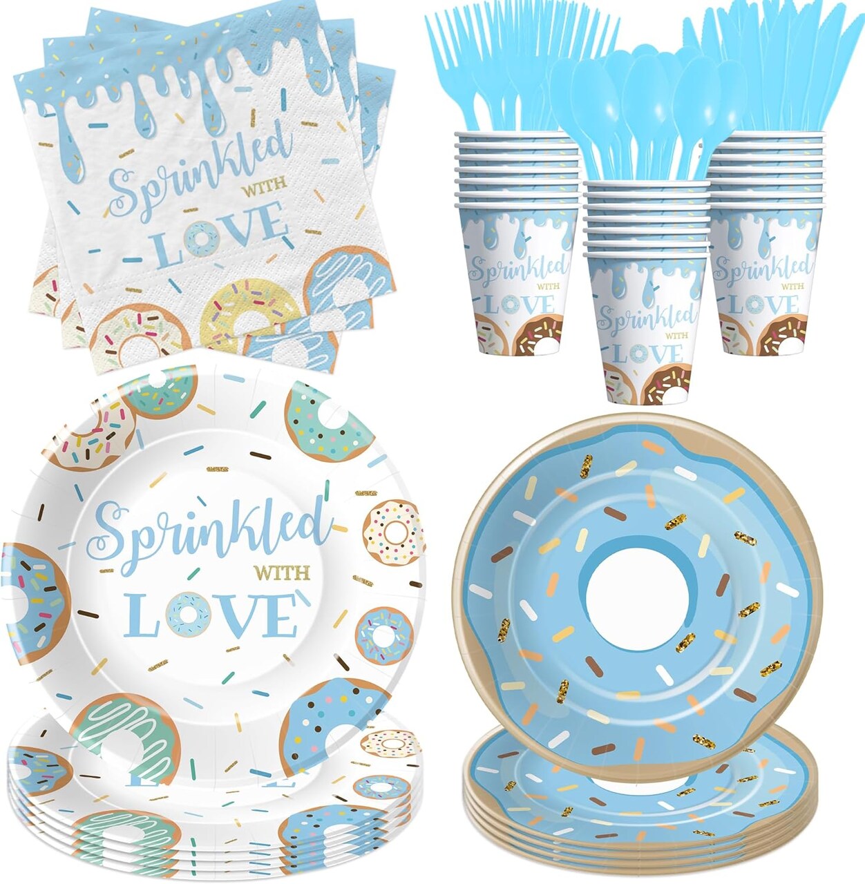 Blue Donut Baby Shower Sprinkle Tableware Set – Serves 24 Guests